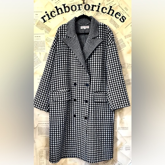 Free People Chelsea Houndstooth Wool Maxi Coat Double Breasted Black White - Picture 4 of 6